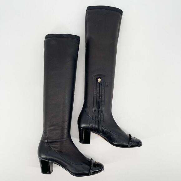 Chanel Black Leather 2010 Interlocking CC Ruffle Cap Toe Stretch Boot EU 36.5 - Picture 4 of 13